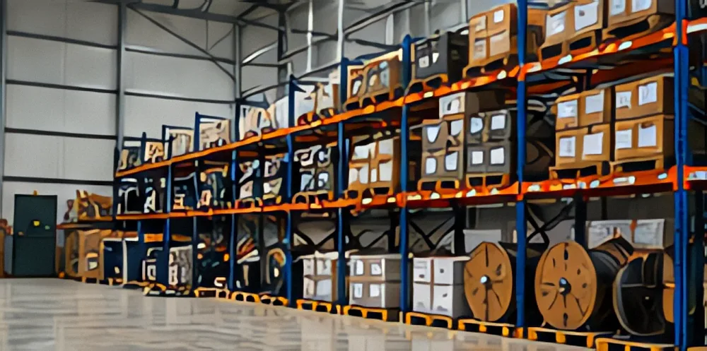 Depósito con estanterías de materiales y bobinas de cable