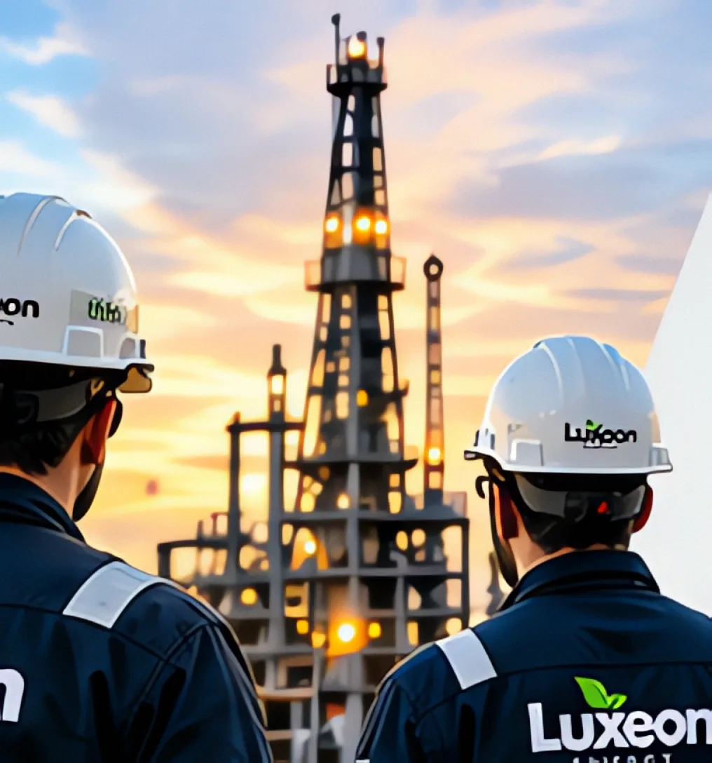 Dos integrantes del equipo de Luxeon Energy con casco frente a una torre de perforación