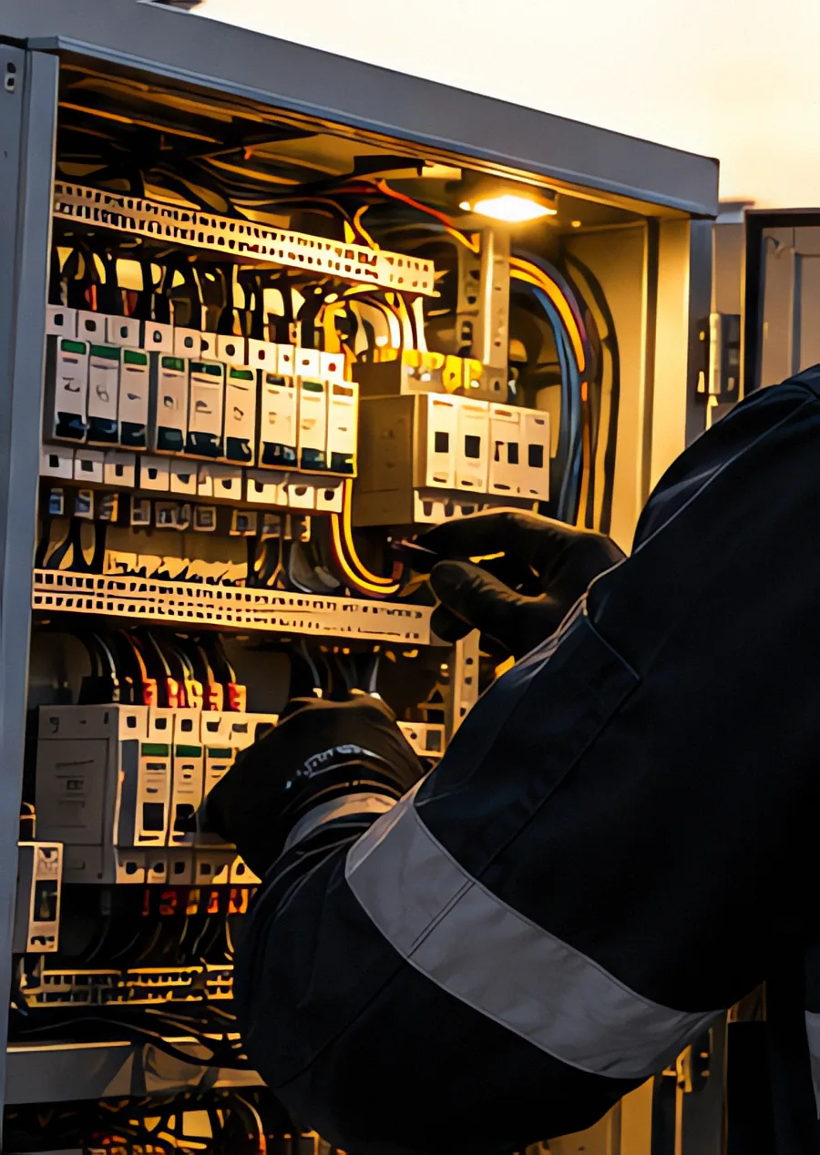 Técnico de Luxeon Energy trabajando sobre un tablero eléctrico industrial