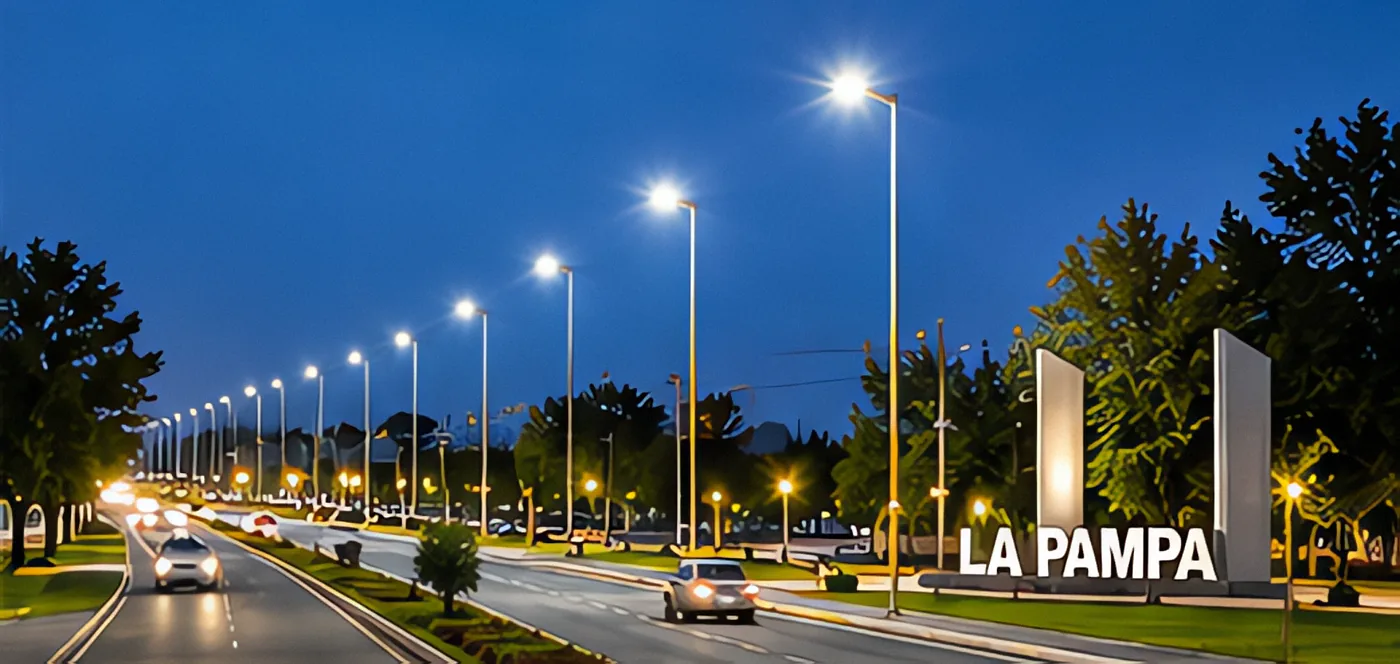 Avenida con alumbrado público LED y cartel de La Pampa al anochecer