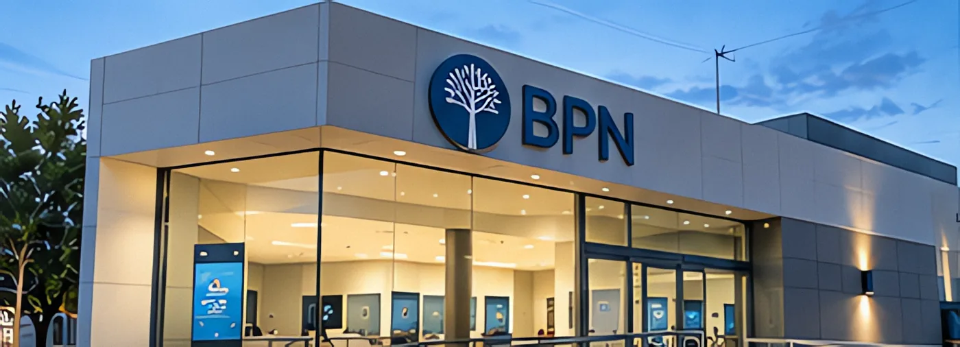Sucursal del Banco Provincia del Neuquén iluminada al anochecer