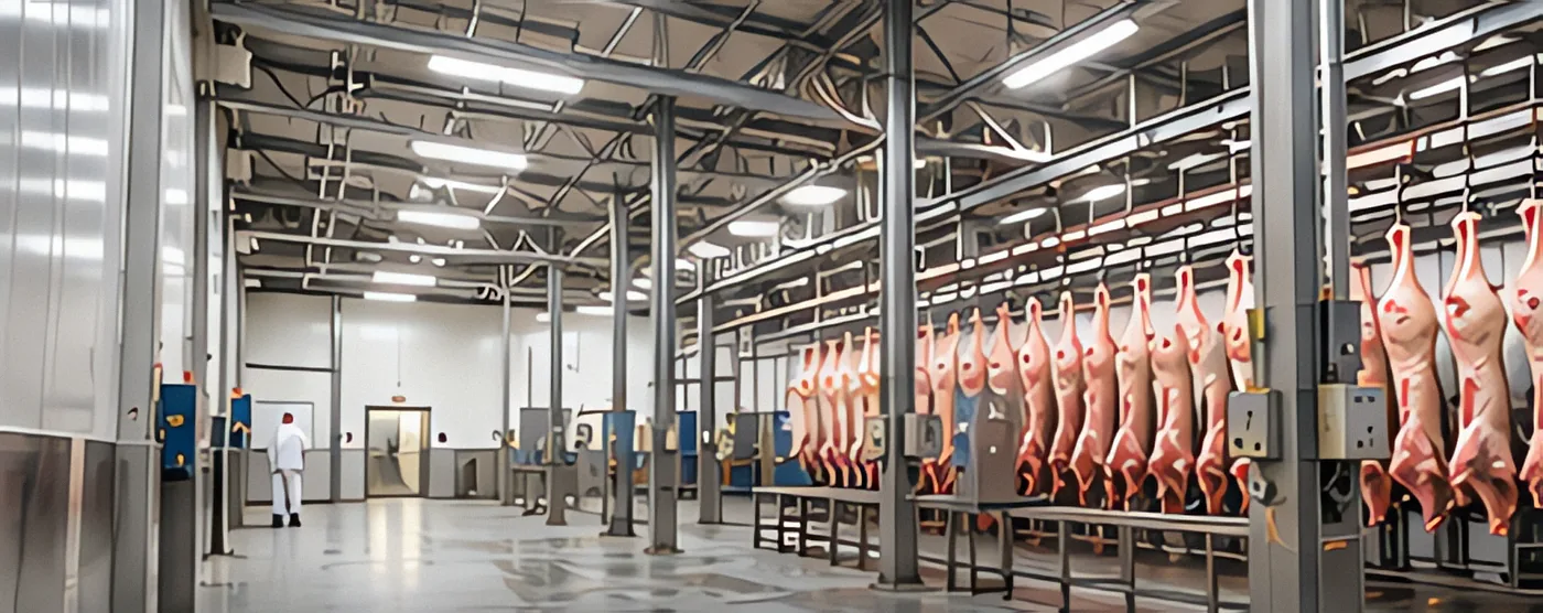 Interior de un frigorífico con rieles de carga e iluminación industrial