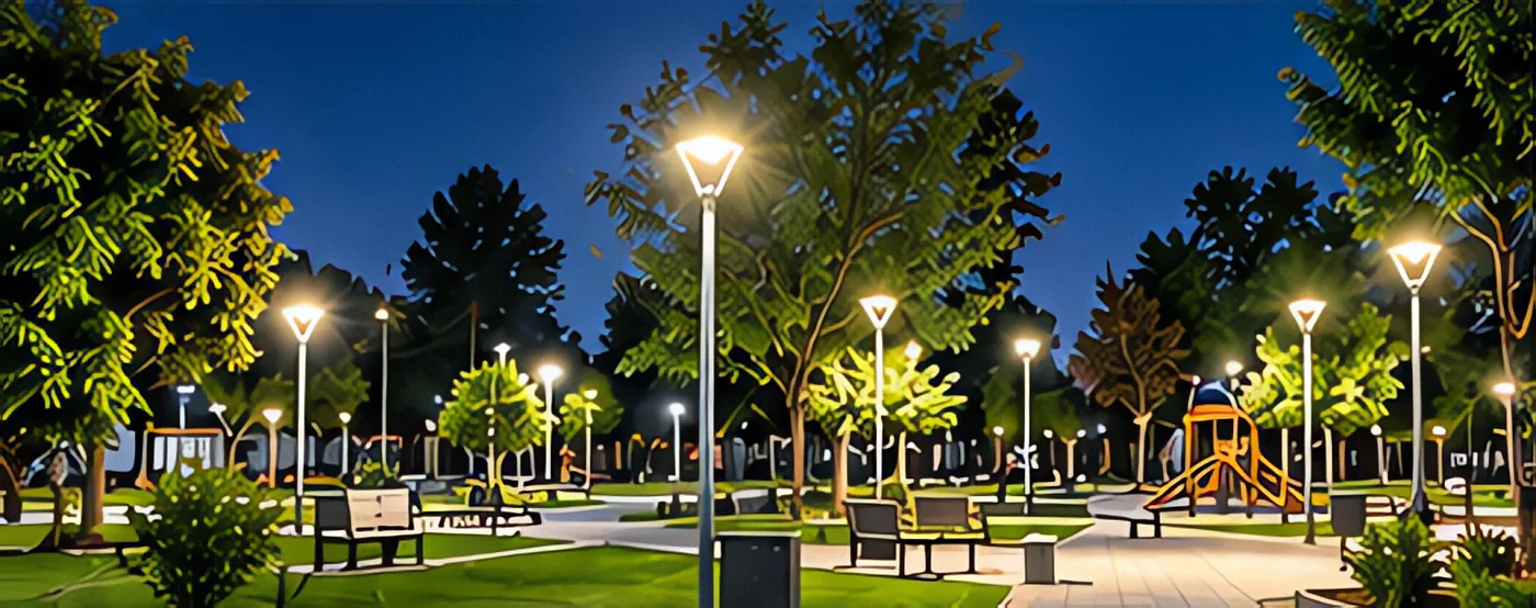 Plaza con luminarias LED encendidas de noche
