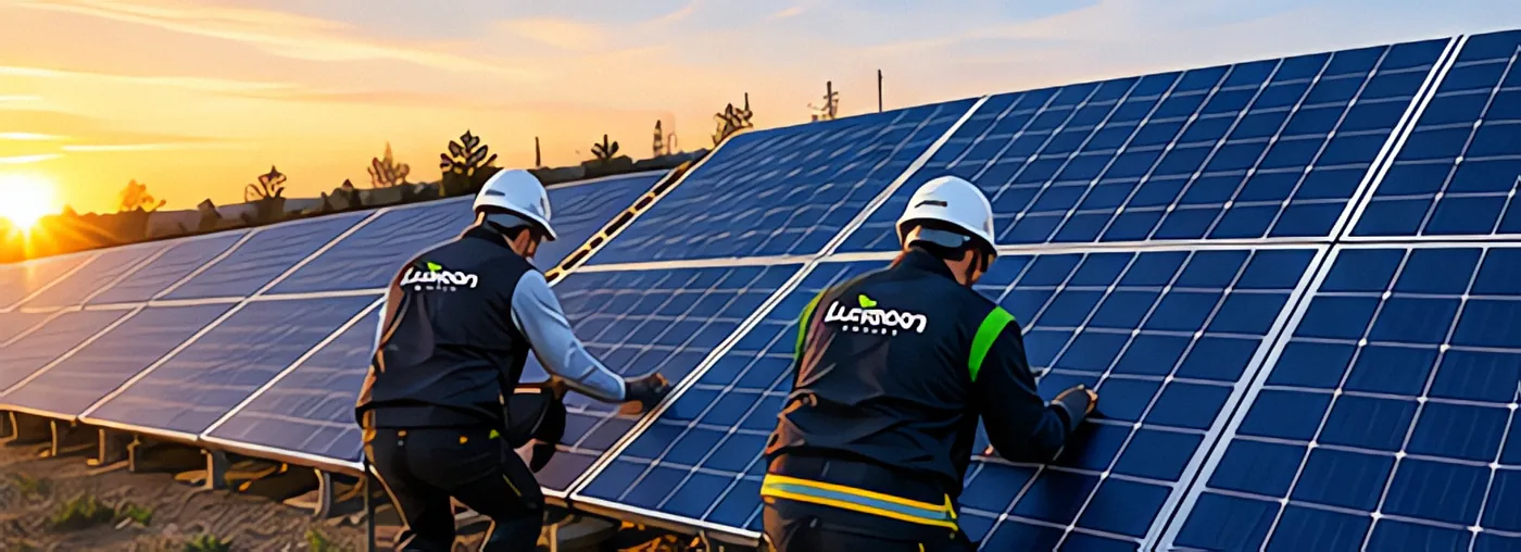 Dos operarios de Luxeon Energy montando paneles solares al atardecer